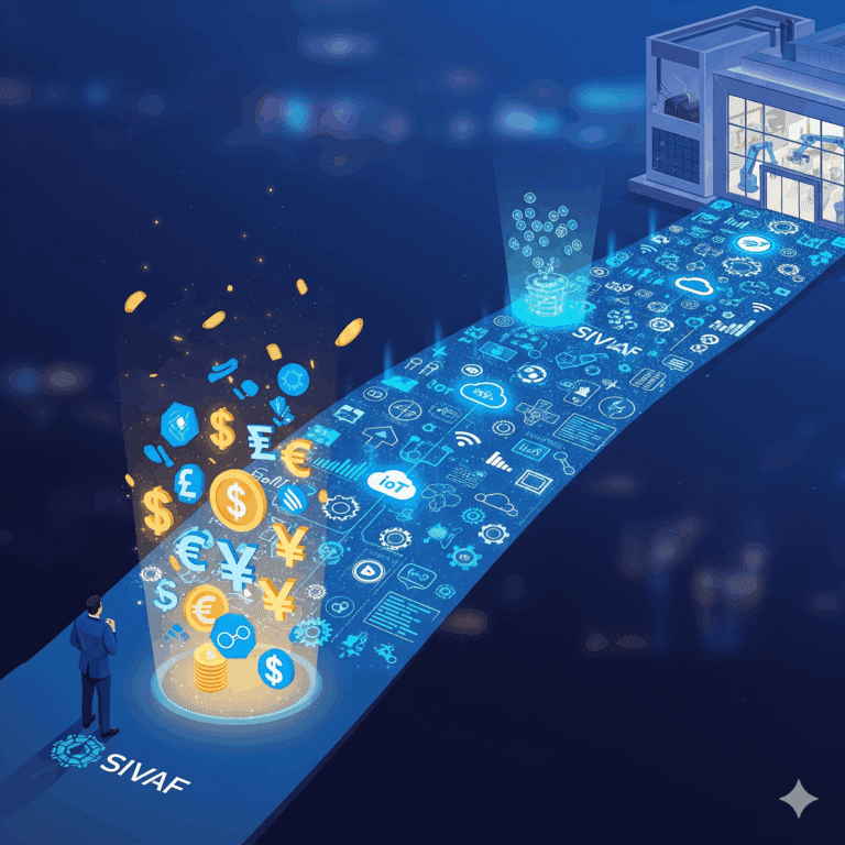 Illustrazione di un uomo d'affari che osserva un percorso di finanziamenti (simboleggiato da monete e simboli di valuta) che conduce verso un'azienda manifatturiera moderna e digitalizzata, rappresentando i bandi e gli incentivi per la digitalizzazione delle PMI.