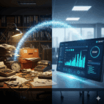 Contrasto visivo tra un ufficio disorganizzato con un computer obsoleto e un'interfaccia moderna di un software gestionale per PMI.