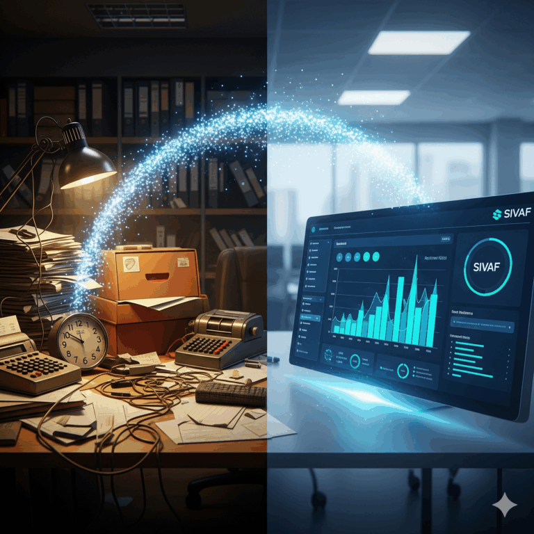 Contrasto visivo tra un ufficio disorganizzato con un computer obsoleto e un'interfaccia moderna di un software gestionale per PMI.