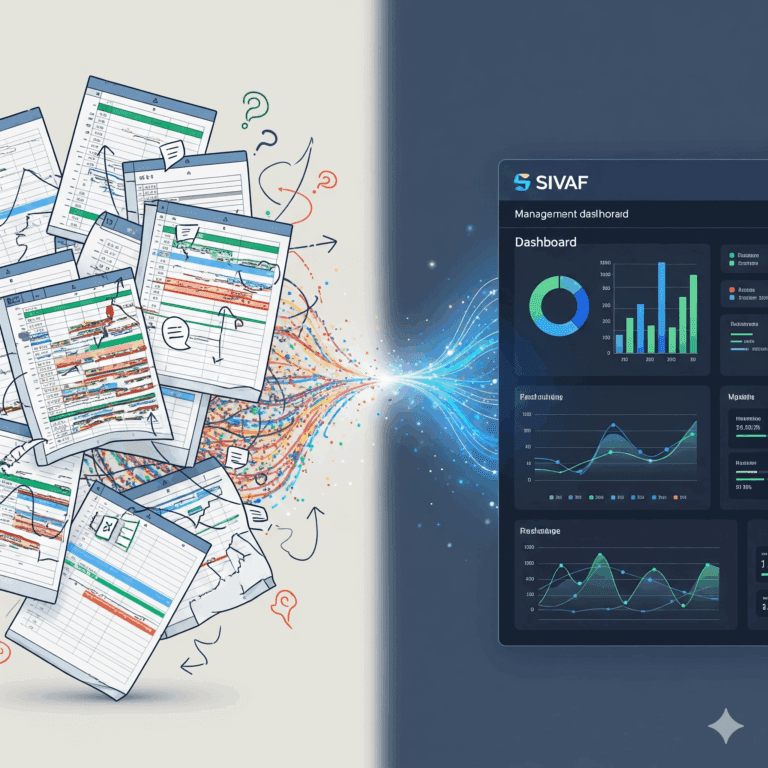 Illustrazione del passaggio da gestione produzione con fogli Excel complessi e disorganizzati a un software gestionale moderno e integrato di SIVAF Informatica per PMI.