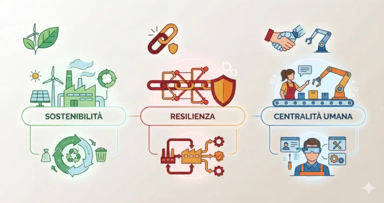 Infografica tre pilastri Industria 5.0 sostenibilità resilienza centralità umana per PMI manifatturiere