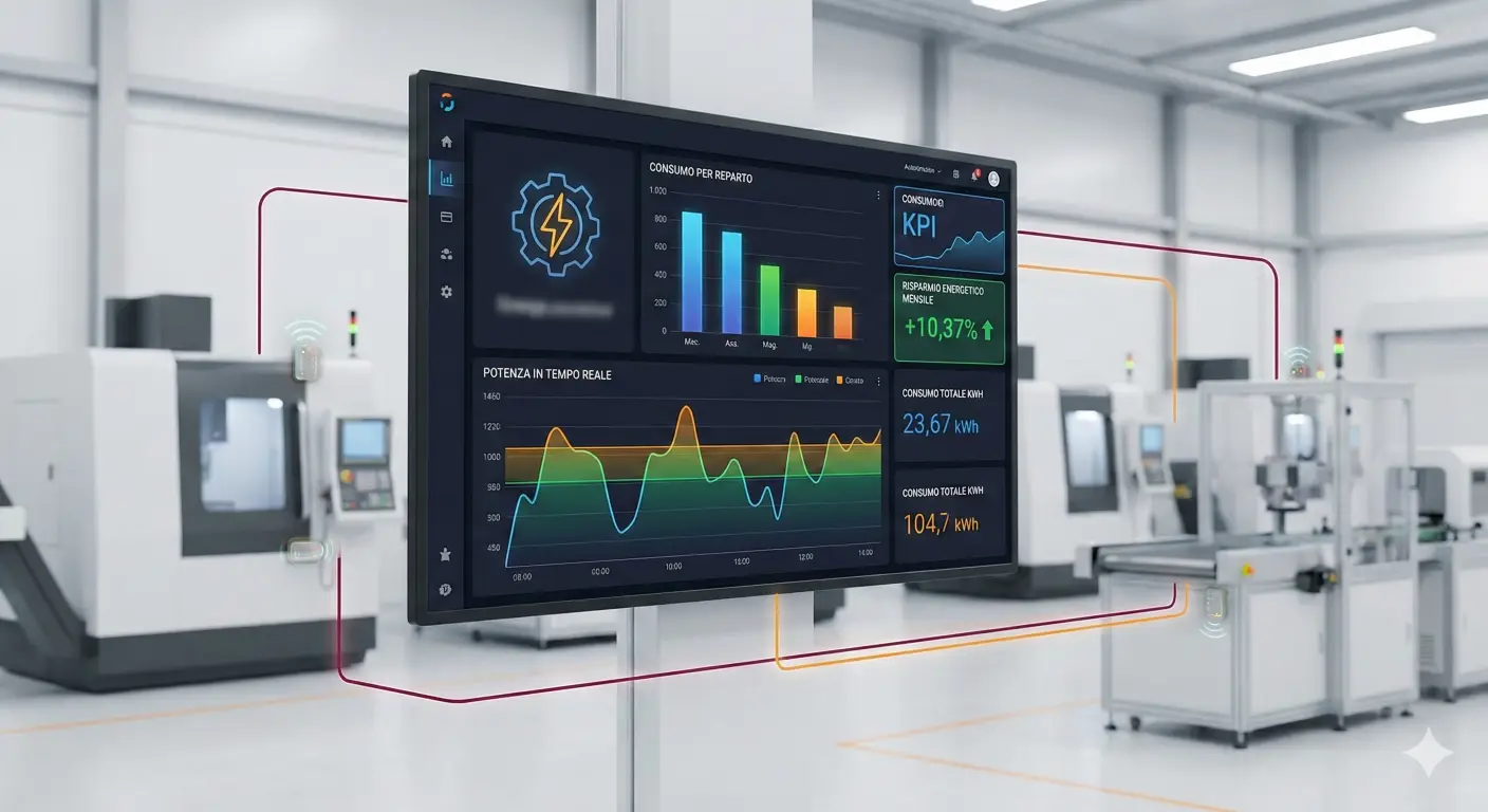 Dashboard monitoraggio energetico industriale con grafici consumi per macchina e reparto in tempo reale