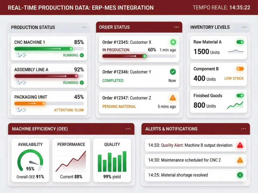 Dashboard unificata ERP MES con dati produzione in tempo reale per PMI manifatturiere