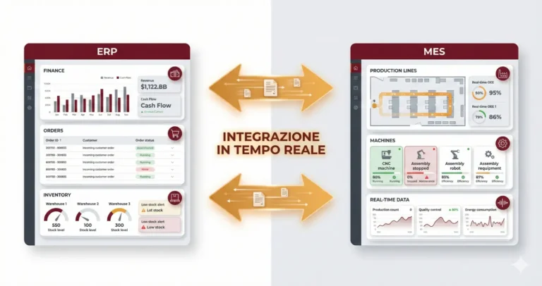 Dashboard integrazione ERP MES con flusso dati produzione magazzino tempo reale manufacturing