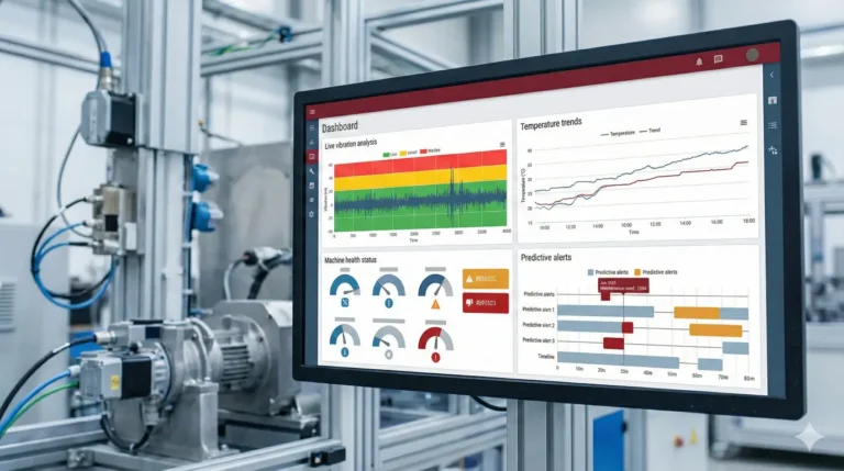 Dashboard manutenzione predittiva con grafici analisi vibrazioni temperatura e previsioni guasti macchinari industriali