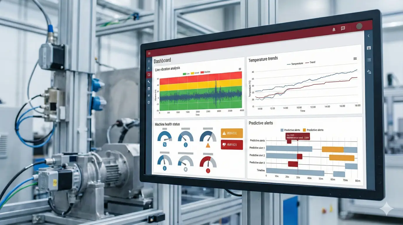 Dashboard manutenzione predittiva con grafici analisi vibrazioni temperatura e previsioni guasti macchinari industriali