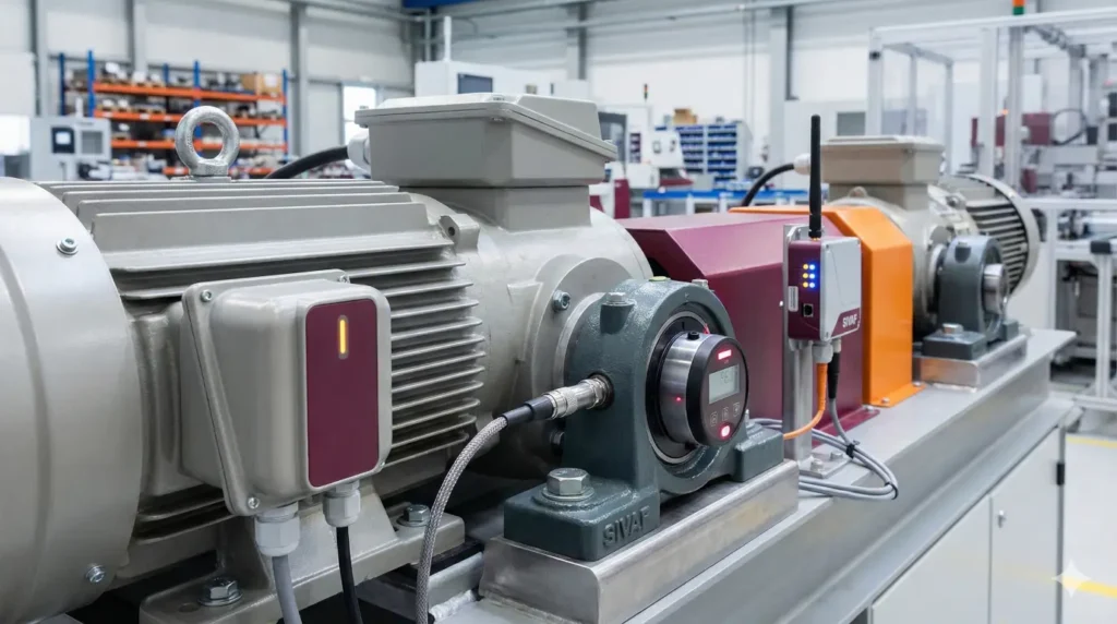 Sensori IoT installati su macchinario industriale per monitoraggio vibrazioni temperatura manutenzione predittiva