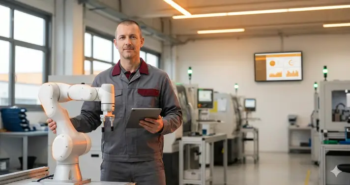 Operatore manifatturiero collabora con cobot in stabilimento human centric manufacturing Industria 5.0