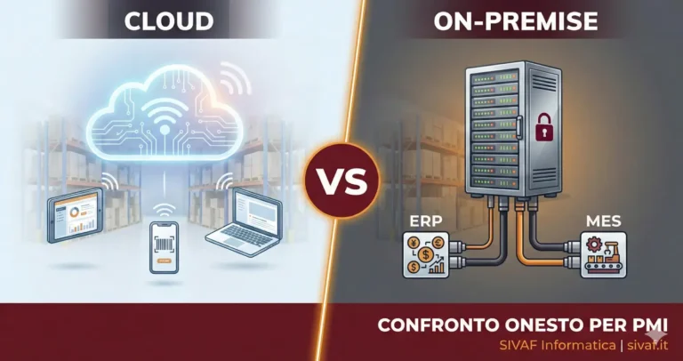 Tabella comparativa WMS cloud vs on-premise con vantaggi e svantaggi per PMI manifatturiere