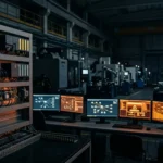 Dashboard sicurezza informatica industriale OT/IT con schema rete segmentata e alert minacce attive in stabilimento manifatturiero 4.0