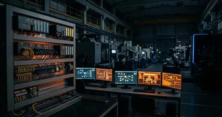 Dashboard sicurezza informatica industriale OT/IT con schema rete segmentata e alert minacce attive in stabilimento manifatturiero 4.0