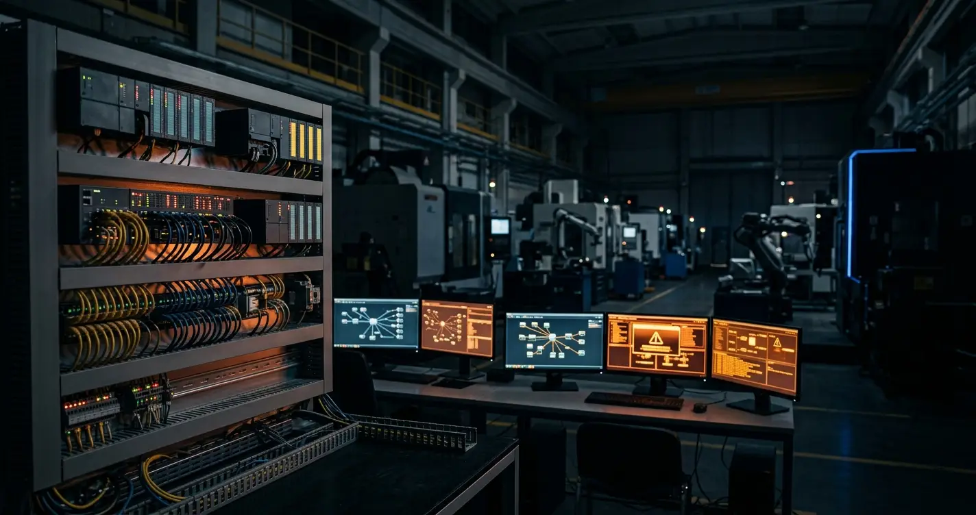 Dashboard sicurezza informatica industriale OT/IT con schema rete segmentata e alert minacce attive in stabilimento manifatturiero 4.0