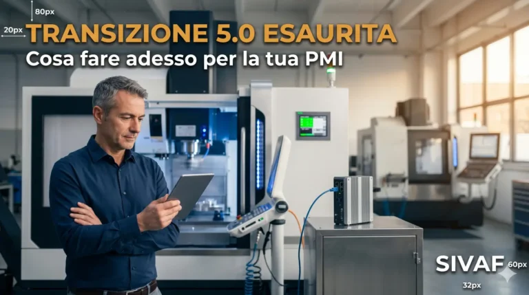 Imprenditore PMI manifatturiera analizza tablet davanti a macchinario CNC interconnesso dopo transizione 5.0 esaurita