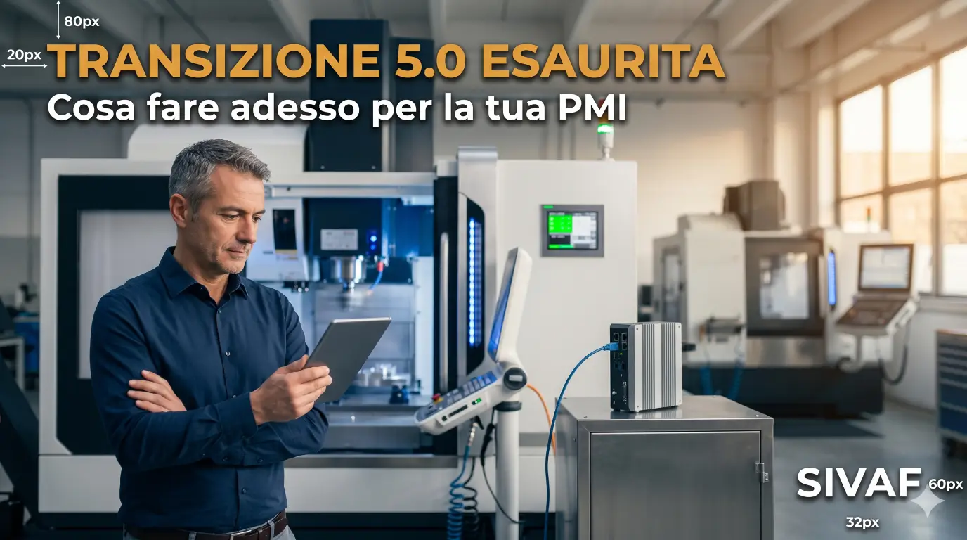 Imprenditore PMI manifatturiera analizza tablet davanti a macchinario CNC interconnesso dopo transizione 5.0 esaurita