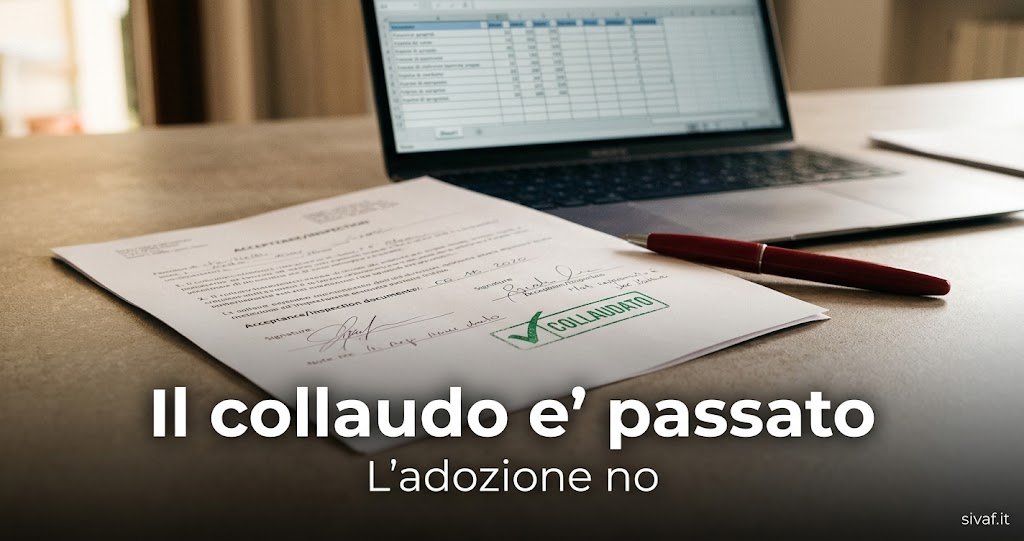 Documento di collaudo firmato con timbro verde su una scrivania, laptop sullo sfondo con un foglio di calcolo ancora aperto: il collaudo tecnico non garantisce l’adozione reale
