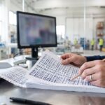 Mani che controllano a matita un lungo tabulato di dati stampati, in un ufficio affacciato su un magazzino industriale