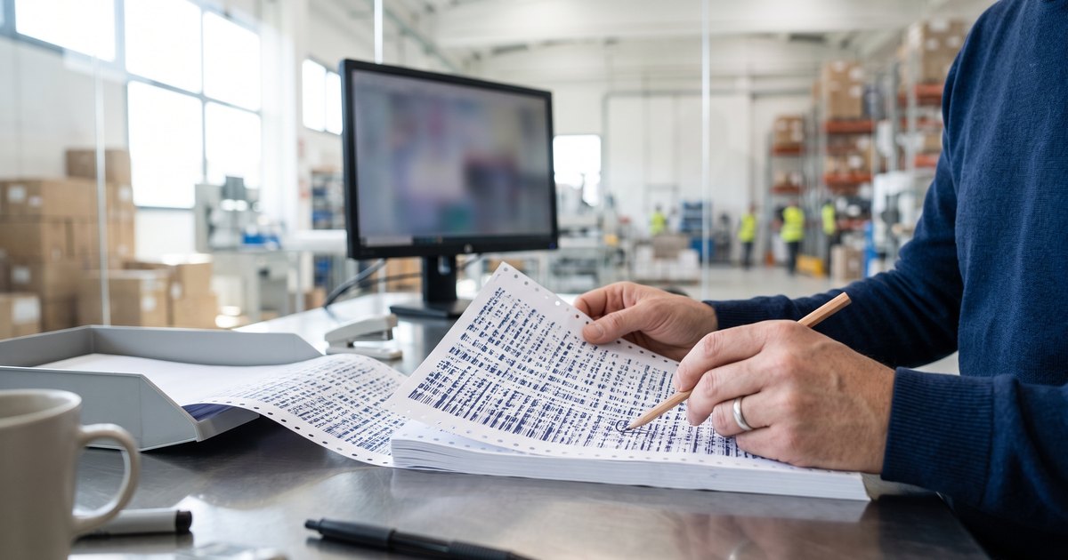 Mani che controllano a matita un lungo tabulato di dati stampati, in un ufficio affacciato su un magazzino industriale
