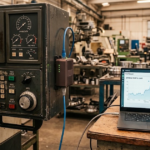 Vecchio pannello di controllo CNC in un reparto di produzione, collegato tramite un gateway industriale a un laptop che mostra una dashboard con i dati della macchina in tempo reale