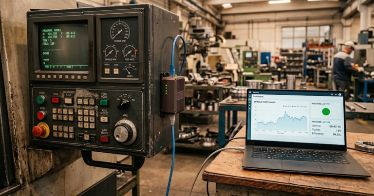 Vecchio pannello di controllo CNC in un reparto di produzione, collegato tramite un gateway industriale a un laptop che mostra una dashboard con i dati della macchina in tempo reale