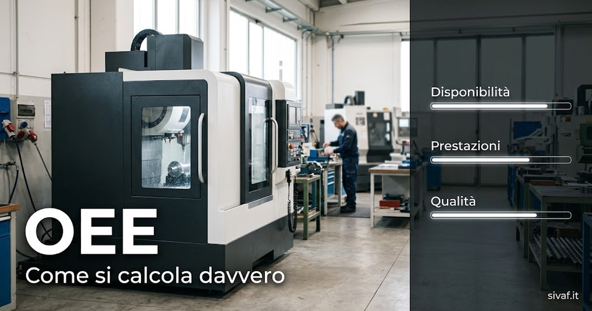 Calcolo OEE in una PMI: centro di lavoro in reparto con indicatori di disponibilità, prestazioni e qualità